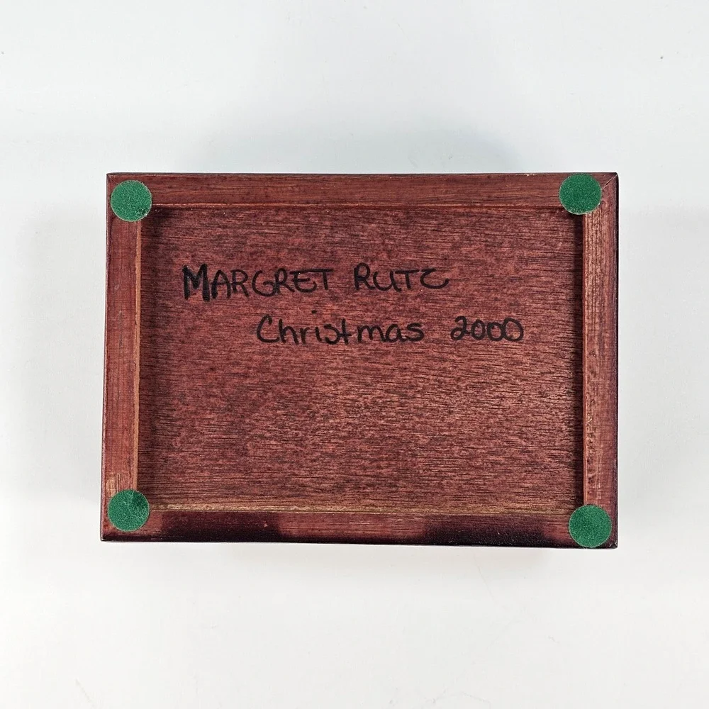 Vintage Wooden Heart Rose Etched Glass Jewelry Box Mahogany Tone Christmas 2000
